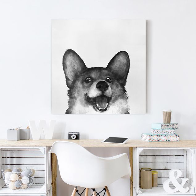 Telas decorativas cães Illustration Dog Corgi Black And White Painting