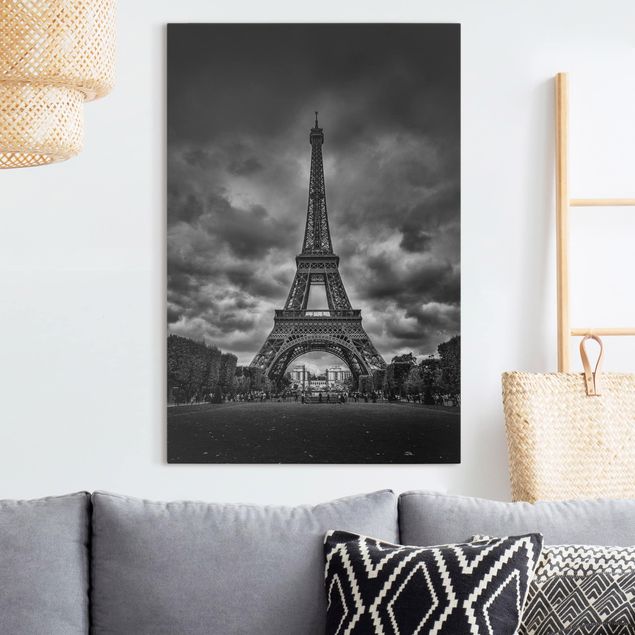 decoraçao para parede de cozinha Eiffel Tower In Front Of Clouds In Black And White