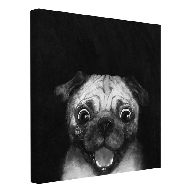 Telas decorativas réplicas de quadros famosos Illustration Dog Pug Painting On Black And White