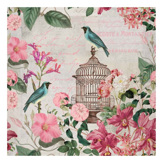 quadros de flores Shabby Chic Collage - Pink Flowers And Blue Birds