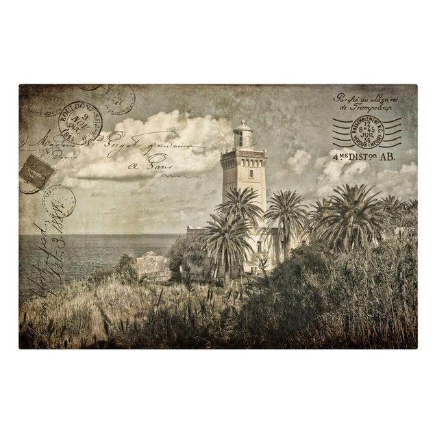 Telas decorativas réplicas de quadros famosos Vintage Postcard With Lighthouse And Palm Trees
