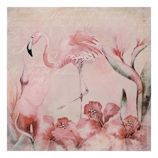 quadros flores Shabby Chic Collage - Flamingo