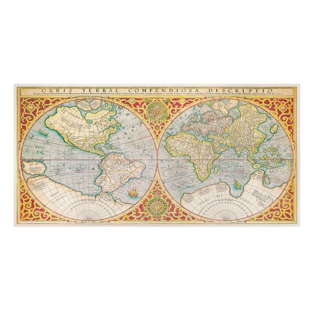 Quadros multicoloridos Historic World Map Orbis Descriptio Terrare Compendiosa