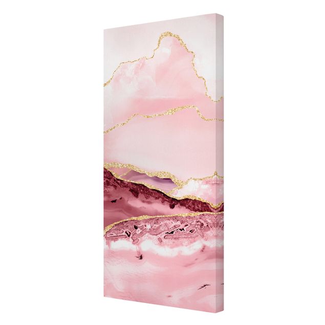 Telas decorativas padrões Abstract Mountains Pink With Golden Lines