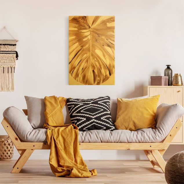 quadro com flores Golden Monstera Leaves On Pink