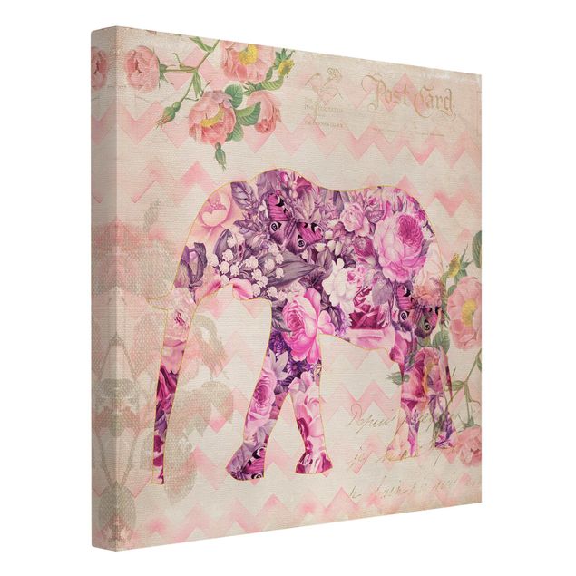 Telas decorativas rosas Vintage Collage - Pink Flowers Elephant