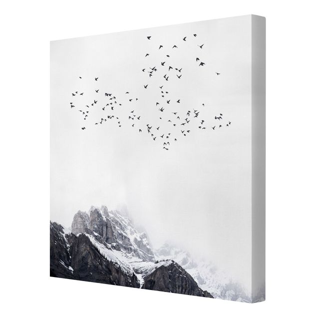 Telas decorativas réplicas de quadros famosos Flock Of Birds In Front Of Mountains Black And White
