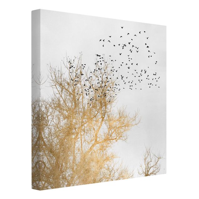 quadros de paisagens Flock Of Birds In Front Of Golden Tree