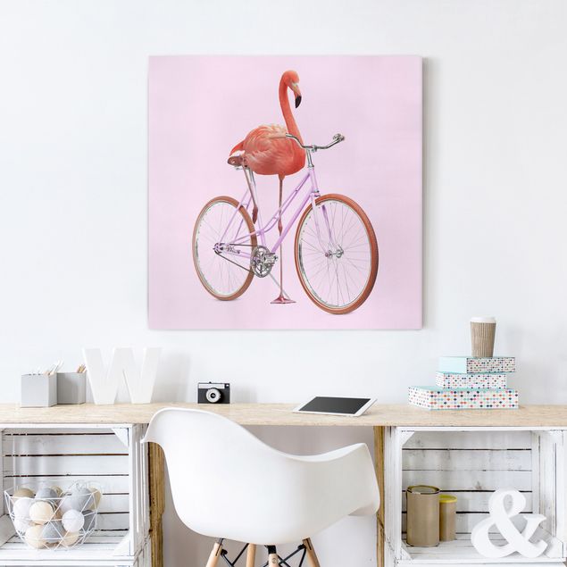 Telas decorativas aves Flamingo With Bicycle