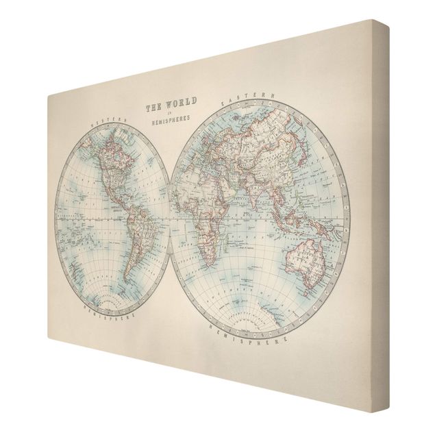 quadros em tela Vintage World Map The Two Hemispheres
