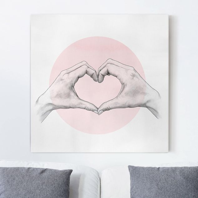 decoração quadros Illustration Heart Hands Circle Pink White