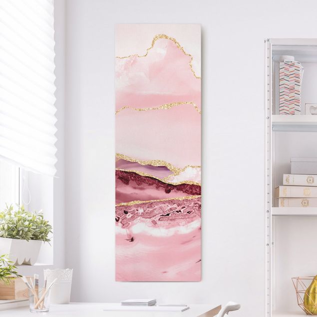 decoraçao para parede de cozinha Abstract Mountains Pink With Golden Lines