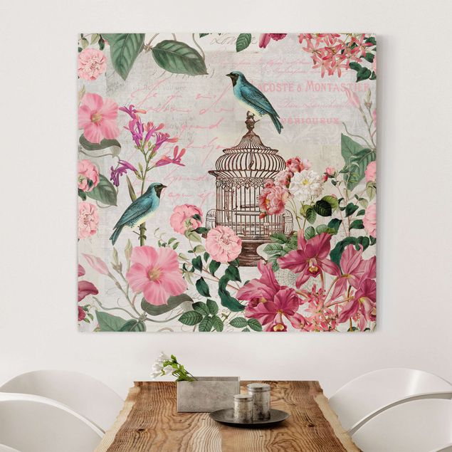 decoraçao para parede de cozinha Shabby Chic Collage - Pink Flowers And Blue Birds