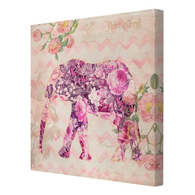 quadro de borboletas Vintage Collage - Pink Flowers Elephant