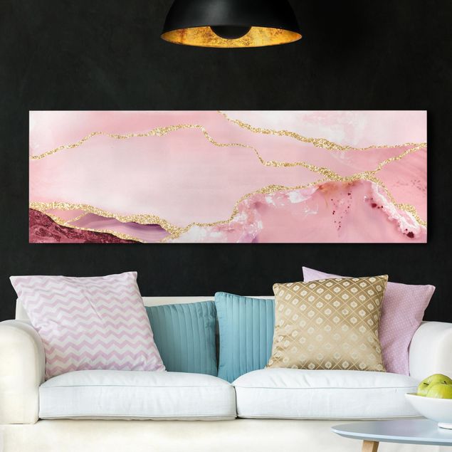 decoraçao para parede de cozinha Abstract Mountains Pink With Golden Lines