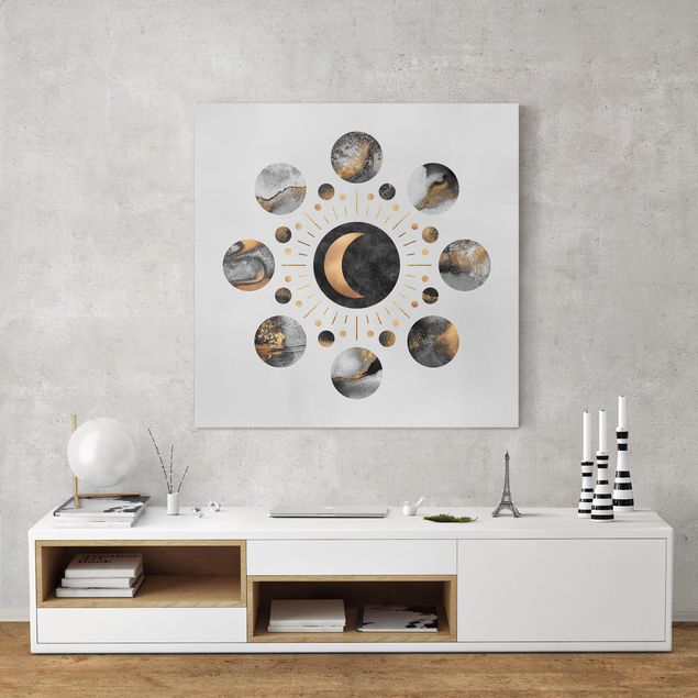 Telas decorativas réplicas de quadros famosos Moon Phases Abstract Gold