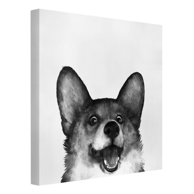 Telas decorativas réplicas de quadros famosos Illustration Dog Corgi Black And White Painting