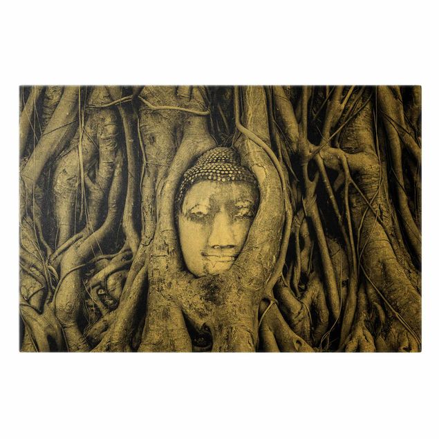 Quadros decorativos Buddha in Ayuttaya Framed By Tree Roots In Black And White