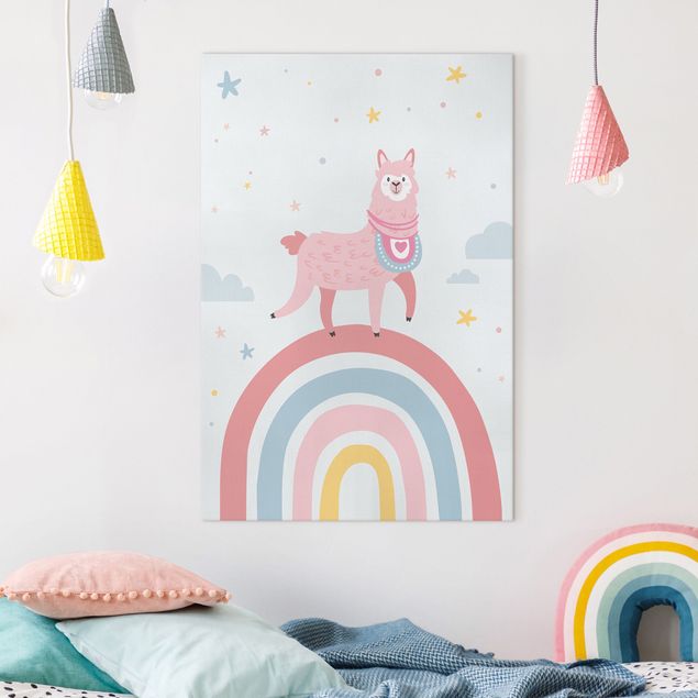decoração para quartos infantis Lama On Rainbow With Stars And Dots