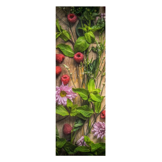Telas decorativas legumes e fruta Flowers Raspberries Mint