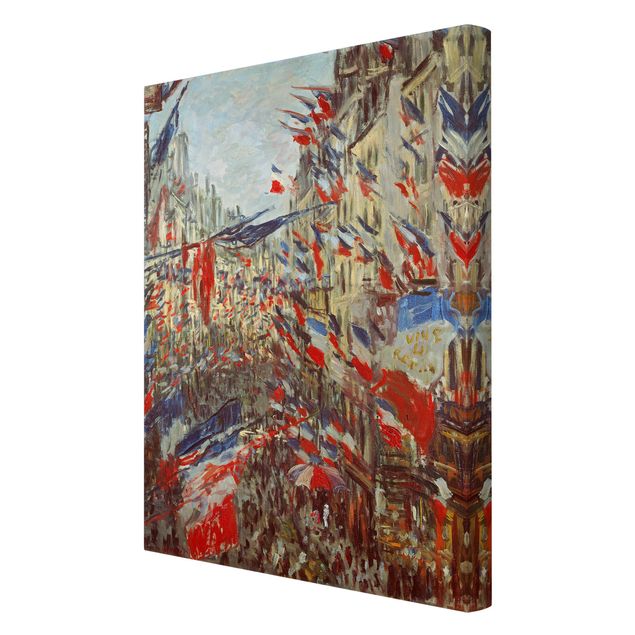 Telas decorativas cidades e paisagens urbanas Claude Monet - The Rue Montorgueil with Flags