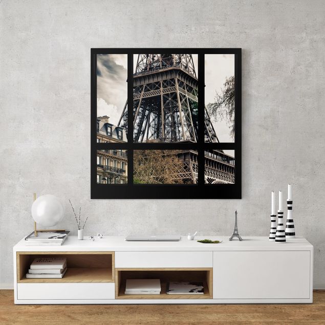 Telas decorativas Paris Window view Paris - Near the Eiffel Tower black and white