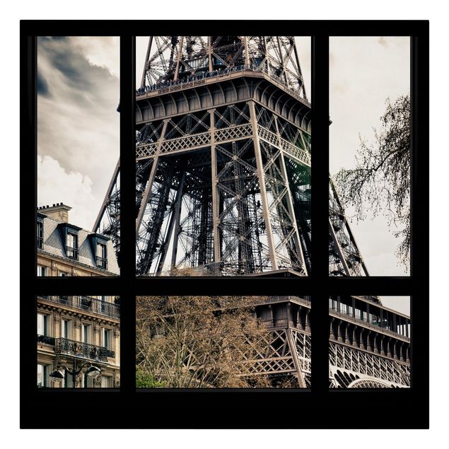 Telas decorativas cidades e paisagens urbanas Window view Paris - Near the Eiffel Tower black and white