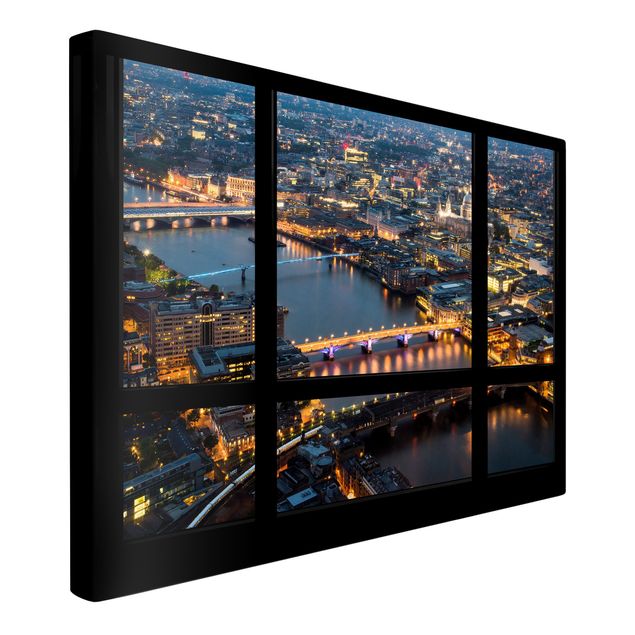 Telas decorativas cidades e paisagens urbanas Window view of London's skyline with bridge