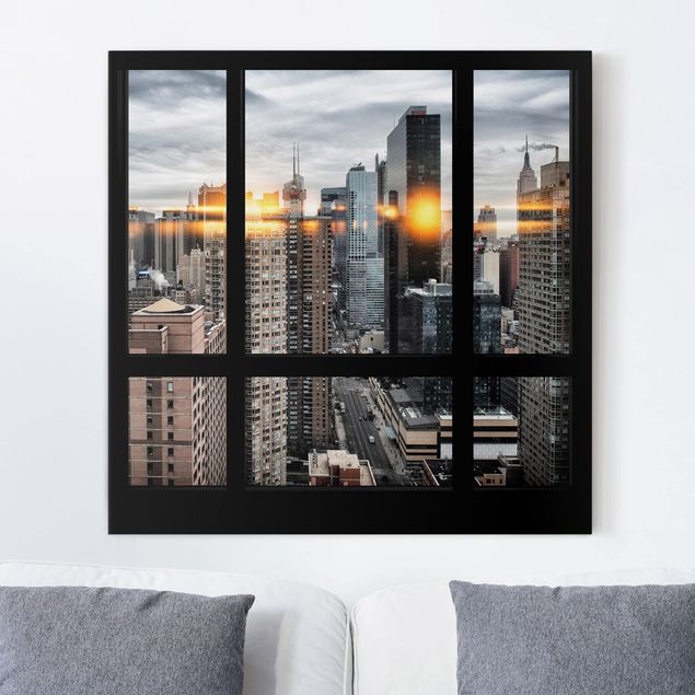 Quadros Nova Iorque Windows Overlooking New York With Sun Reflection