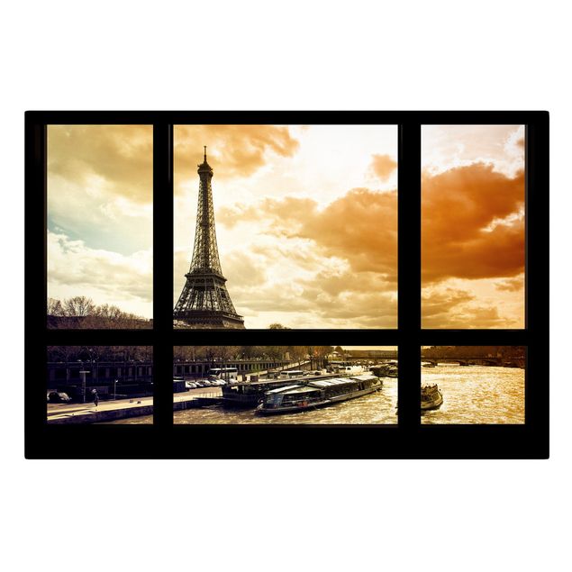Telas decorativas cidades e paisagens urbanas Window view - Paris Eiffel Tower sunset