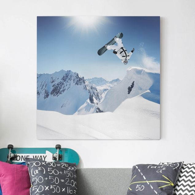 Telas decorativas montanhas Flying Snowboarder