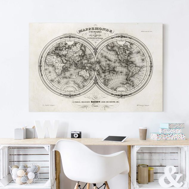 Telas decorativas em preto e branco French map of the hemispheres from 1848