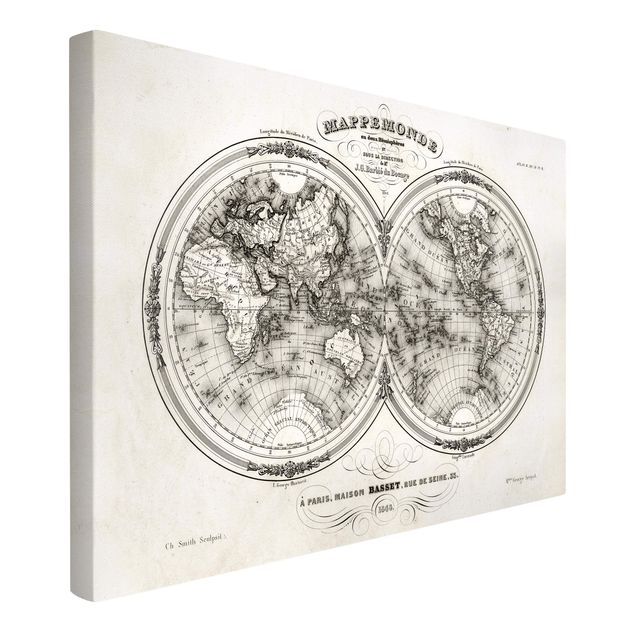 quadro mapa mundo French map of the hemispheres from 1848