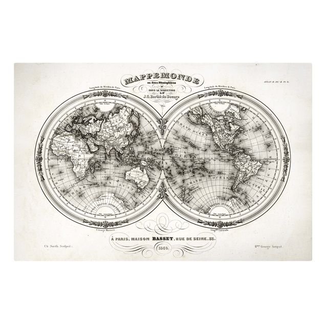 quadros em preto e branco French map of the hemispheres from 1848