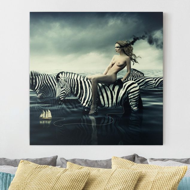 Telas decorativas zebras Woman Posing With Zebras