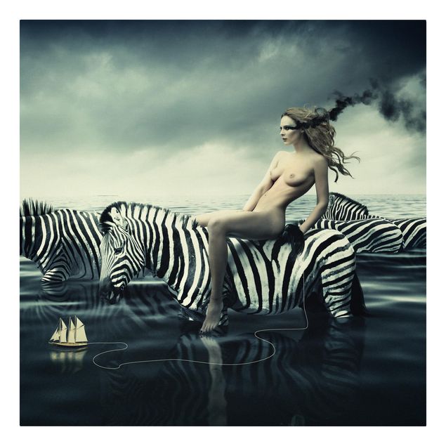 Telas decorativas animais Woman Posing With Zebras