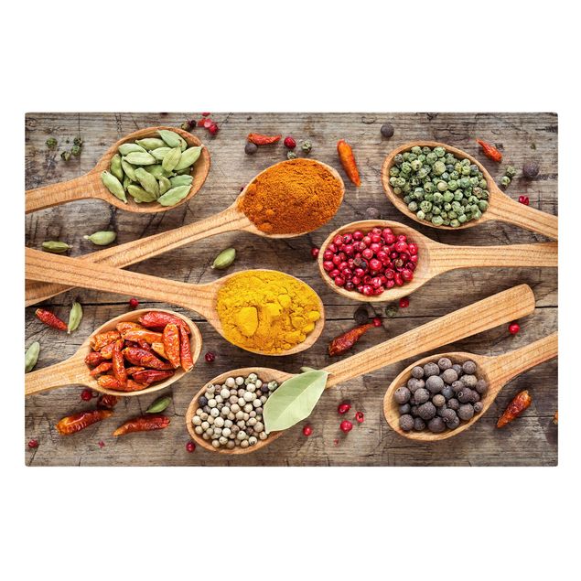 Telas decorativas temperos e ervas aromáticas Spices On Wooden Spoon