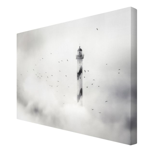 Telas decorativas em preto e branco Lighthouse In The Fog