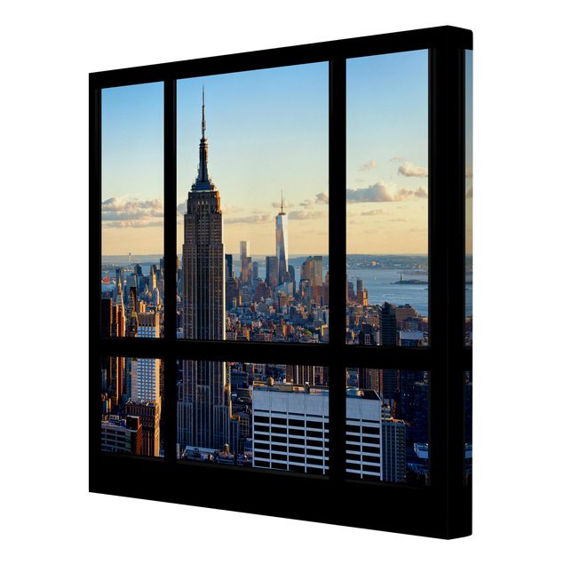 quadros decorativos para sala modernos New York Window View Of The Empire State Building