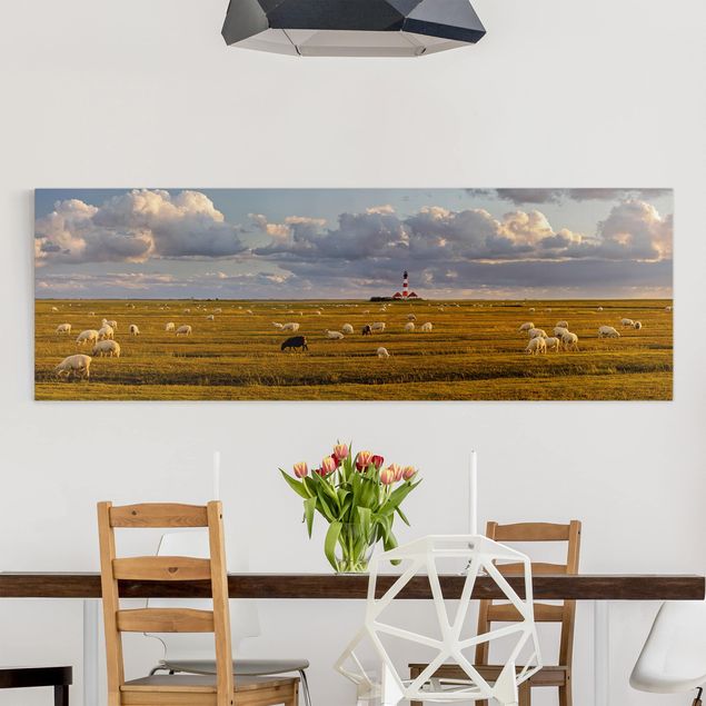 decoraçao para parede de cozinha North Sea Lighthouse With Flock Of Sheep