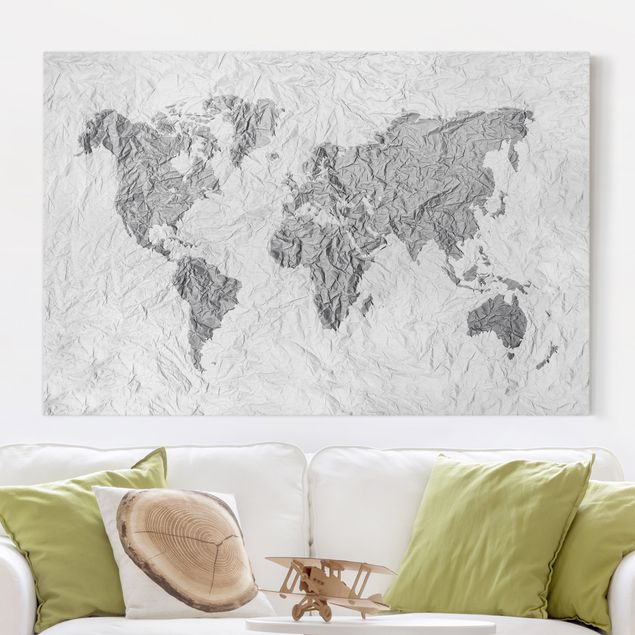 Telas decorativas em preto e branco Paper World Map White Grey