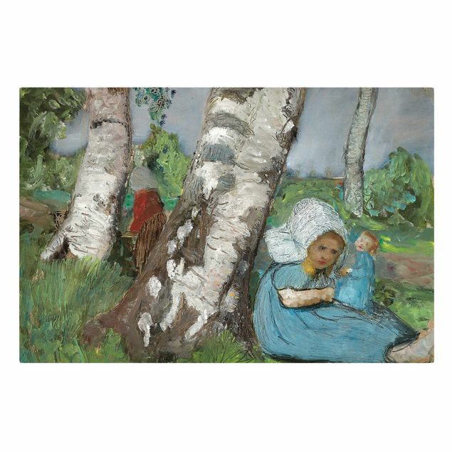 quadro com paisagens Paula Modersohn-Becker - Child with Doll Sitting on a Birch Trunk