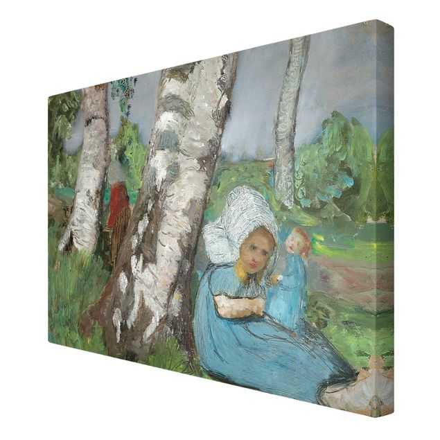 Telas decorativas réplicas de quadros famosos Paula Modersohn-Becker - Child with Doll Sitting on a Birch Trunk