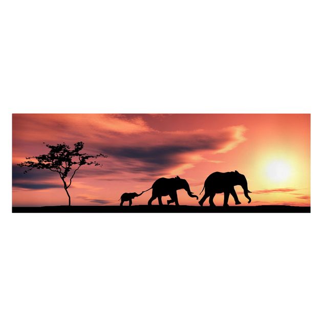 Telas decorativas pôr-do-sol Savannah Elephant Family
