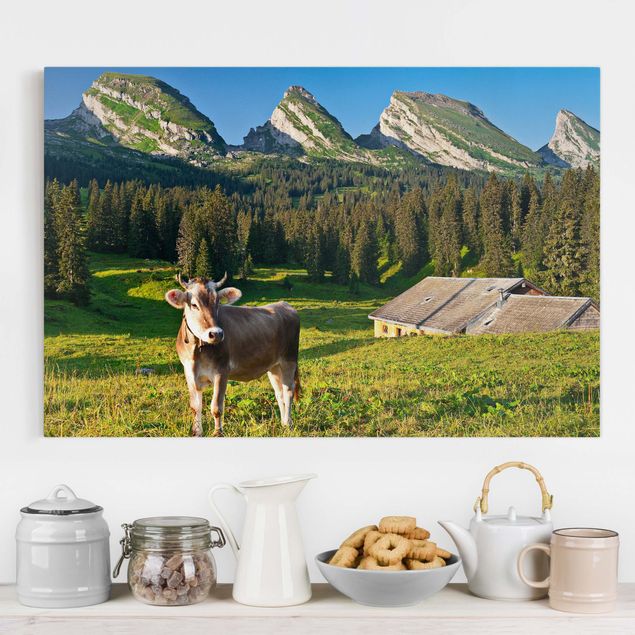 decoraçao para parede de cozinha Swiss Alpine Meadow With Cow