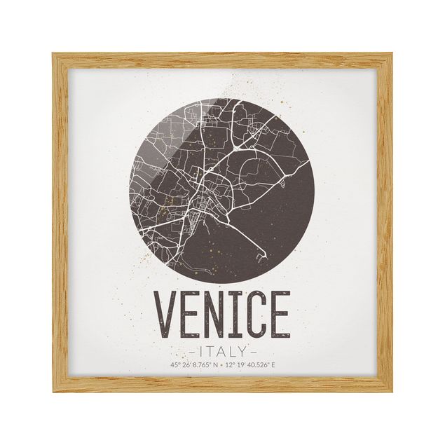 Quadros com moldura frases Venice City Map - Retro