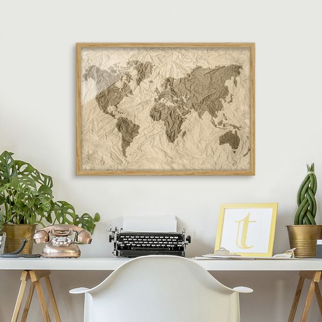 Quadros com moldura mapa-múndi Paper World Map Beige Brown