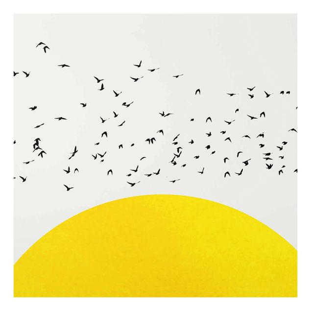 Quadros em vidro animais Flock Of Birds In Front Of Yellow Sun