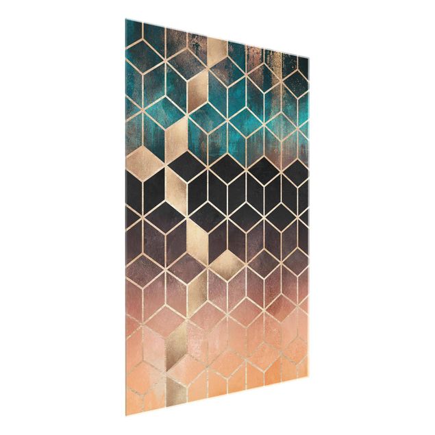 Quadros em vidro abstratos Turquoise Rosé Golden Geometry