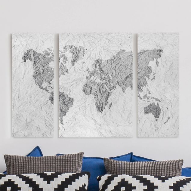 Telas decorativas em preto e branco Paper World Map White Grey
